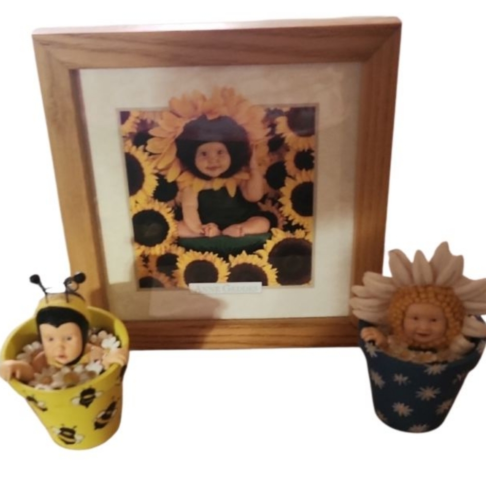 90s Ann Geddes Sunflower Baby Photo Frame and Figurines Set